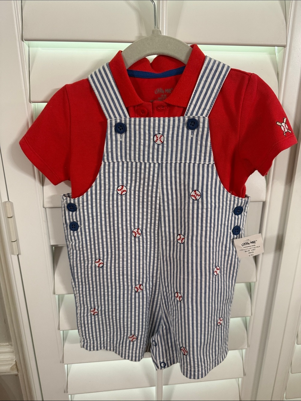Little Me Red Polo with Blue & White Striped Baseball Overalls